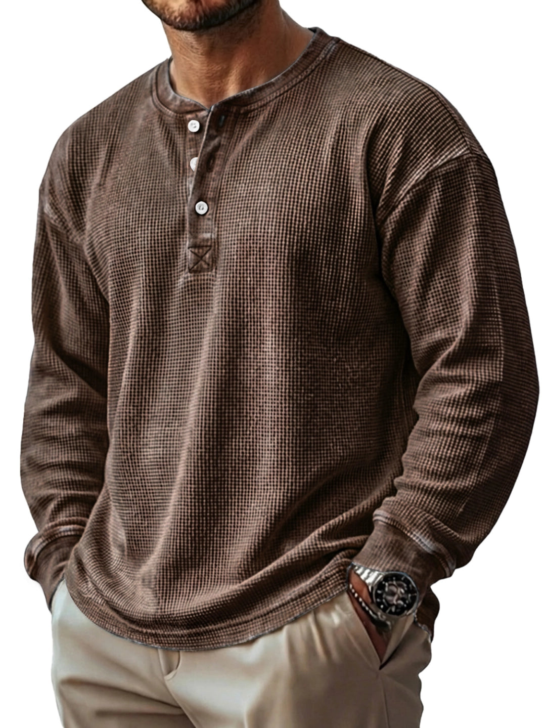 Men's Vintage Waffle Knit Long-sleeved Henley Shirt