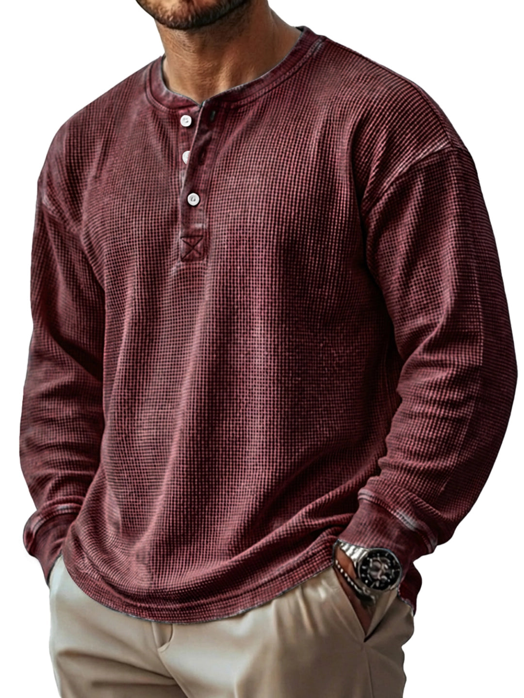 Men's Vintage Waffle Knit Long-sleeved Henley Shirt