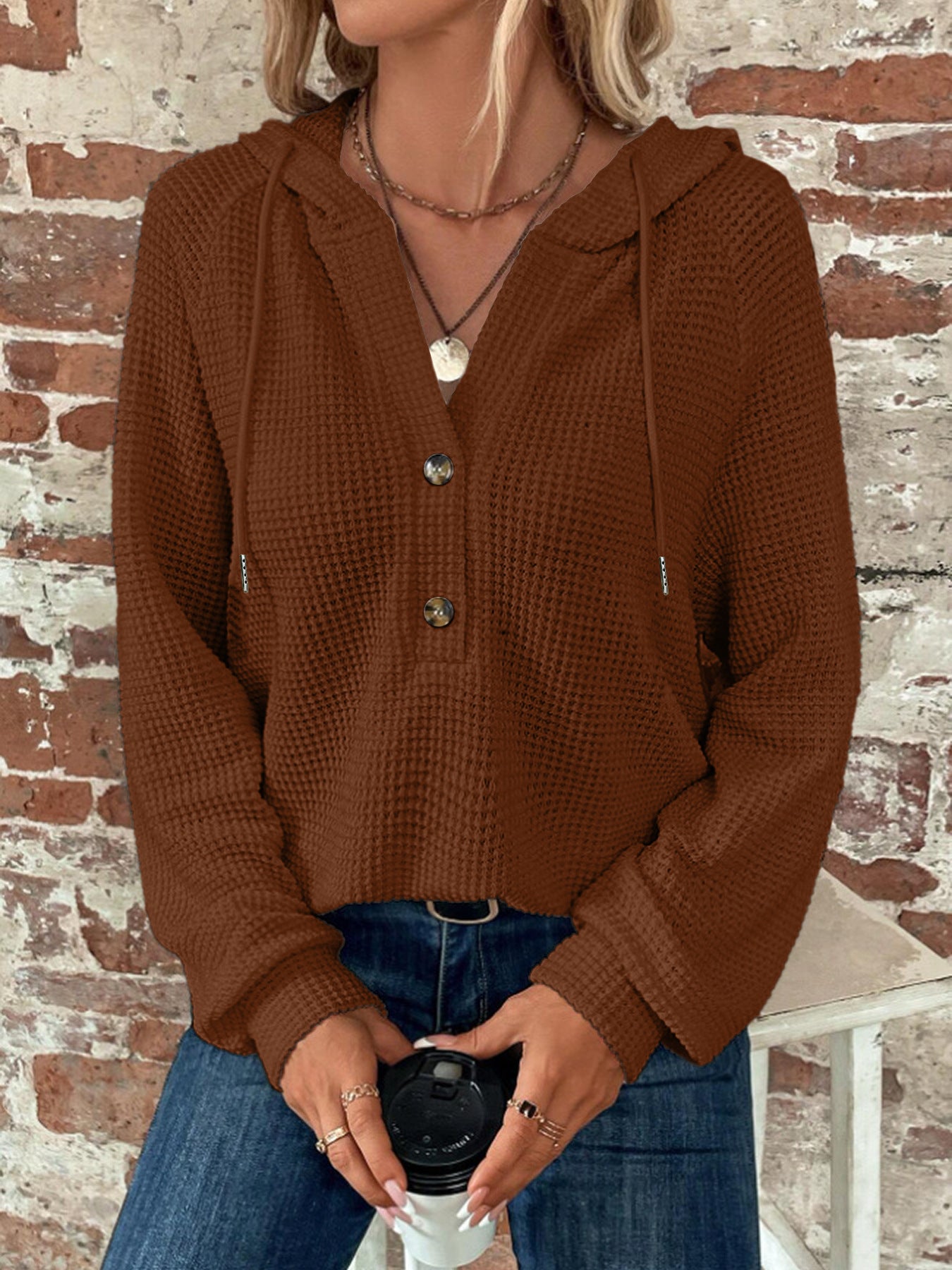 HaulDokotoo Hoodies for Women WaffleKnit Long Sleeve Drawstring Button V NeckCasual Pullover Sweatshirt Hooded Tops