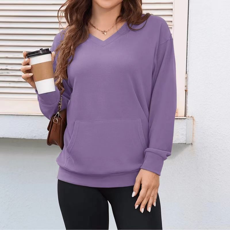 Women's Hoodless V-neckHoliday HaulSweatshirt With Kangaroo Pocket FleeceLongsleeve Oversized Casual Style Shirt