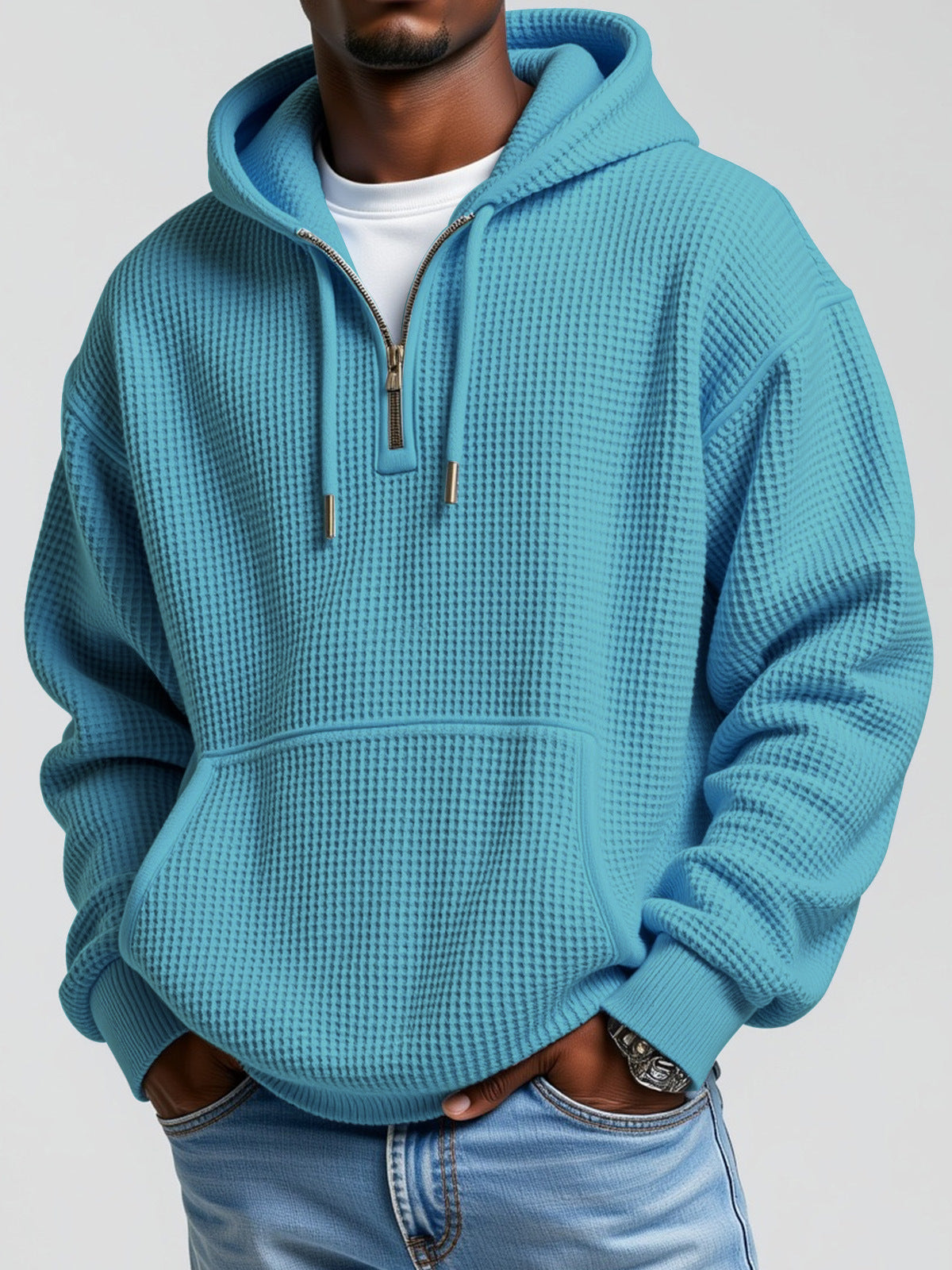 Casual Men's Waffle Fabric Autumn Half-Cloak Sweatshirt Solid Color Printed Hoodie