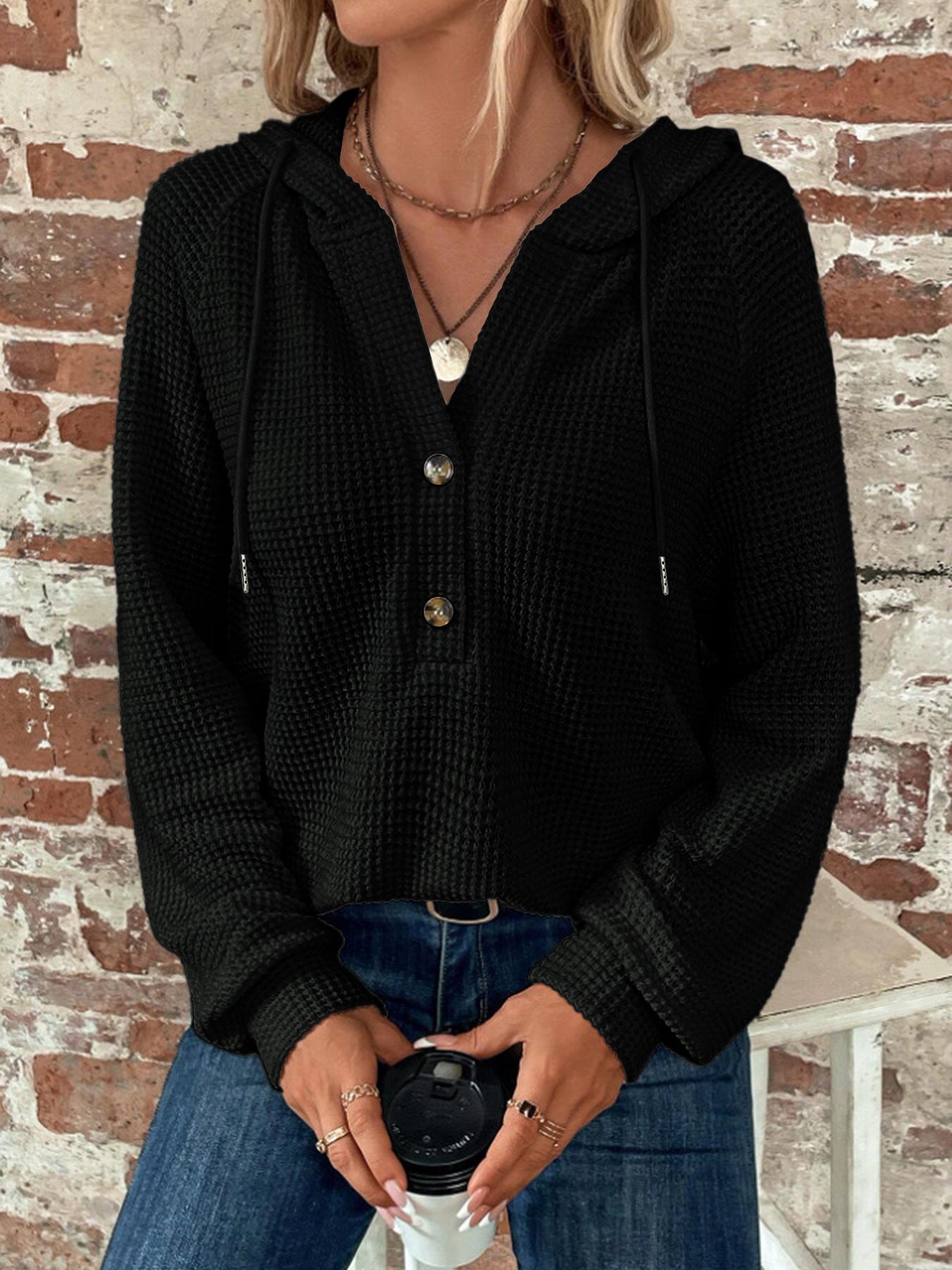 HaulDokotoo Hoodies for Women WaffleKnit Long Sleeve Drawstring Button V NeckCasual Pullover Sweatshirt Hooded Tops