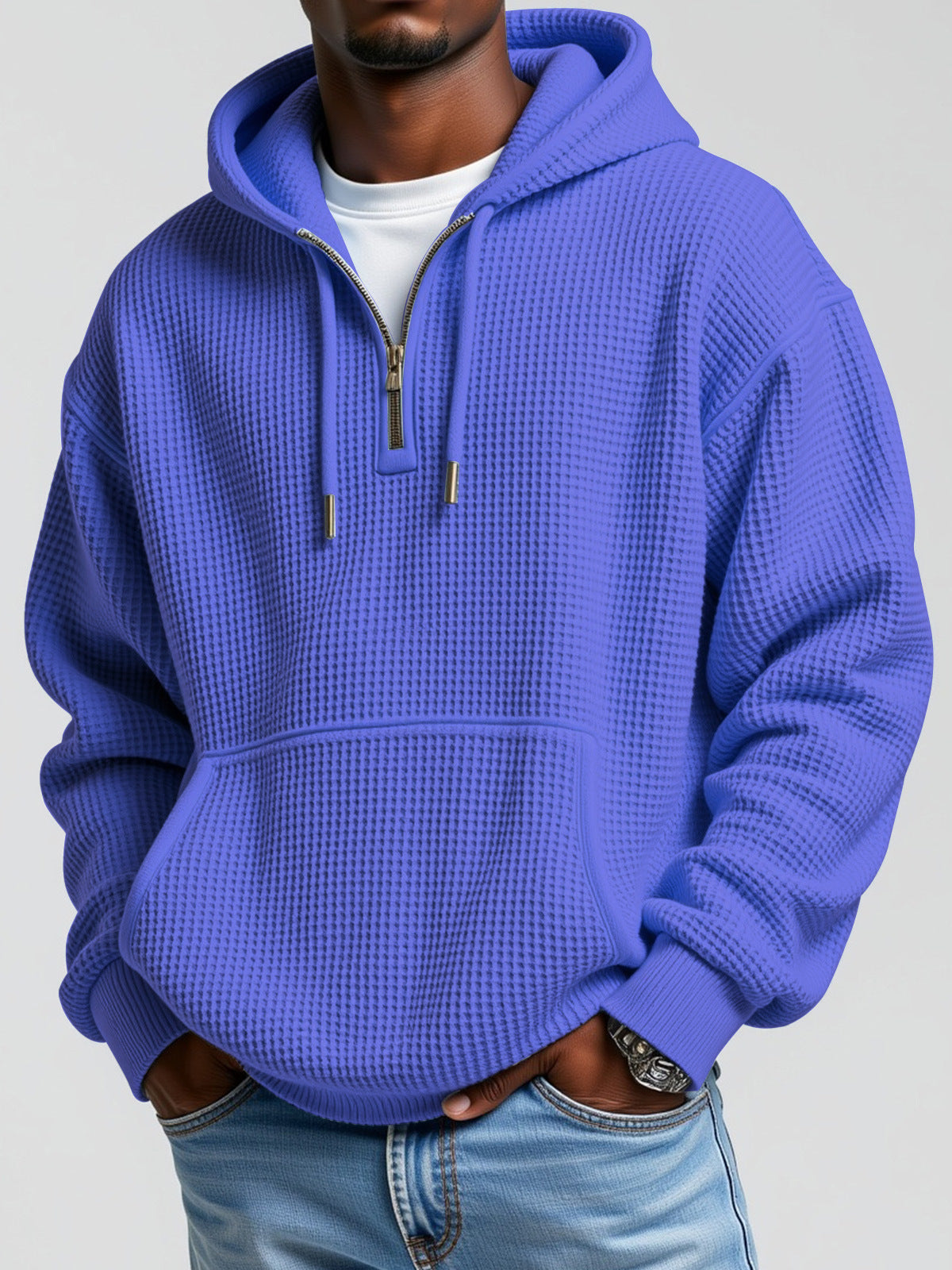 Casual Men's Waffle Fabric Autumn Half-Cloak Sweatshirt Solid Color Printed Hoodie