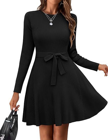 2025 Women's Autumn/Winter Casual French Retro Fitted Ribbed Dress with Belt