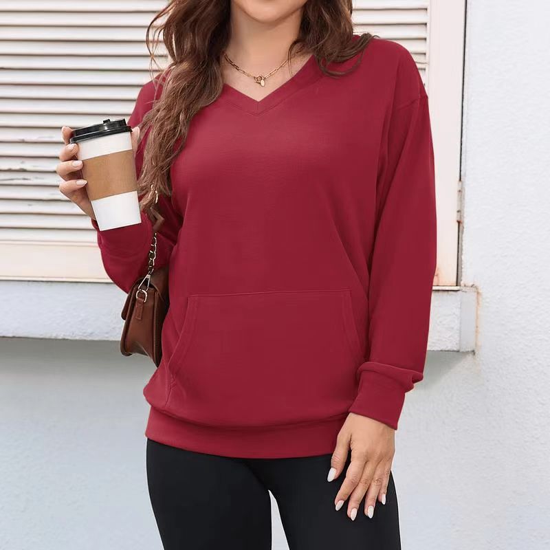 Women's Hoodless V-neckHoliday HaulSweatshirt With Kangaroo Pocket FleeceLongsleeve Oversized Casual Style Shirt