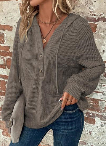 HaulDokotoo Hoodies for Women WaffleKnit Long Sleeve Drawstring Button V NeckCasual Pullover Sweatshirt Hooded Tops