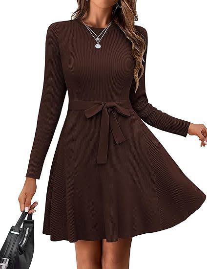 2025 Women's Autumn/Winter Casual French Retro Fitted Ribbed Dress with Belt