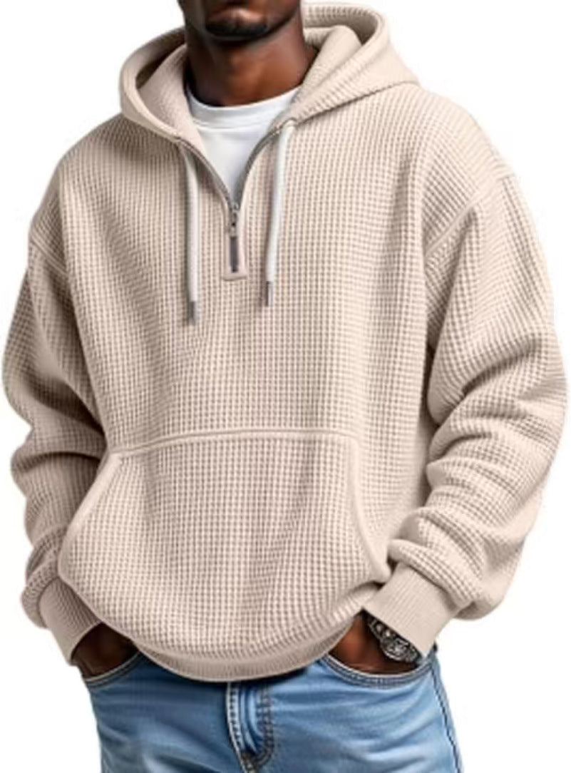 Casual Men's Waffle Fabric Autumn Half-Cloak Sweatshirt Solid Color Printed Hoodie